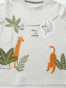 Light gray cotton T-shirt for boys featuring tropical animal print and earth text