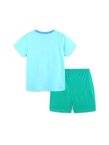 Toddler boys light blue short sleeve t-shirt and green shorts two-piece summer set