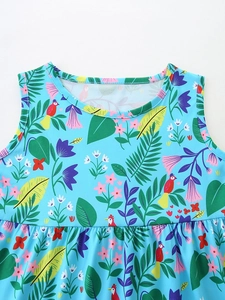 Abito estivo senza maniche per bambine con stampa tropicale di uccelli e fiori blu