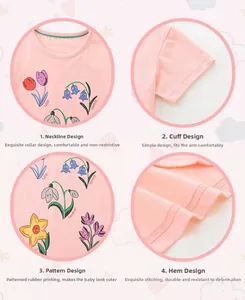 Détails du t-shirt en coton rose montrant le col rond, l'imprimé floral et l'ourlet cousu