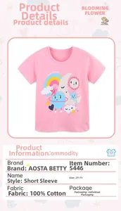 Detail showing pink cotton girl's T-shirt with sleep over squad cartoon print and sizing