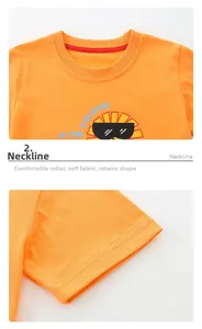 Detail of round neckline and sleeve stitching on bright orange cotton sun print kids t-shirt