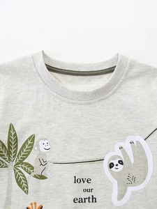Boys' knit cotton T-shirt in marl grey with 'love our earth' cartoon animal print