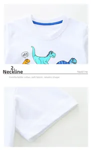 Detail of white cotton boy t-shirt showing comfortable neckline and cute dinosaur print