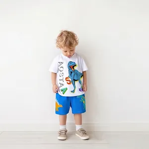 Boys Summer Cotton Short Sleeve T-Shirt And Shorts Dinosaur Embroidery Cartoon Clothing Outfit For Toddler Kids