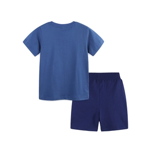 Boys summer cotton knit set with short sleeve t-shirt and shorts in navy blue back view