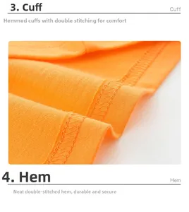 Close-up of orange cotton T-shirt featuring double-stitched hem and neat edge binding