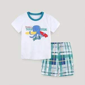 Boys Summer Cotton Clothing Set Cartoon Octopus Applique Short Sleeve T-Shirt And Plaid Shorts Two Piece Casual Kids Outfit