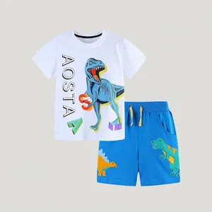 Kids dinosaur summer outfit set with white Aosta t-shirt and blue printed shorts