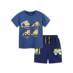 Boys short sleeve cotton outfit featuring blue t-shirt with yellow construction truck prints