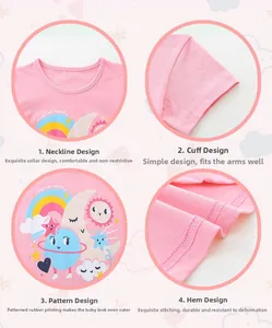 Close-up of pink cotton girl t-shirt featuring rainbow sleep over squad prints