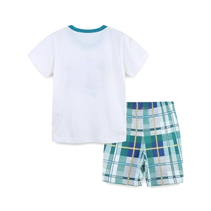 Back view of boys summer cotton set featuring white t-shirt and plaid shorts