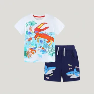 Ensemble de Vêtements d'Été en Coton pour Garçons T-Shirt Imprimé Animaux Marins et Short Appliqué Tenue de Sport 2 Pièces