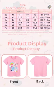 Detailed size chart for girls' pink cotton T-shirt with cute cartoon rainbow print