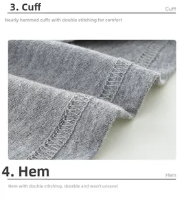 Détail de la double couture des poignets et de l'ourlet sur un t-shirt gris pour enfant