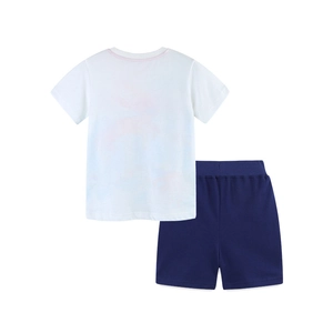 Ensemble été enfant avec t-shirt imprimé animaux et short bleu en coton respirant