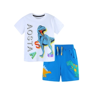 Summer boys' dinosaur embroidery cotton short sleeve T-shirt and blue shorts outfit set
