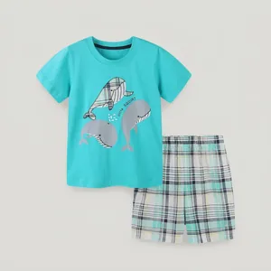 Boys Summer 100% Cotton Two-Piece Set Cartoon Whale Print Short Sleeve Turquoise T-Shirt And Plaid Shorts Kids Clothes