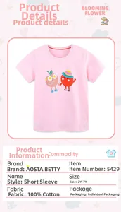 Detailansicht des rosa Baumwoll-Kinder-T-Shirts mit Fruchtdruck und Größentabelle