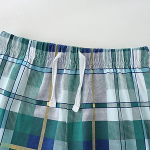 Boy's summer cotton plaid shorts set with elastic drawstring waist in blue and green