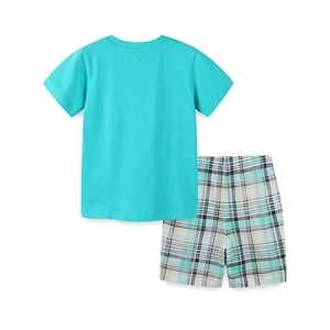 Boys summer cotton set with lake blue t-shirt and plaid shorts on white background