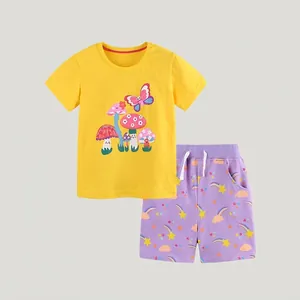 Girls Summer Outfit Cotton Short Sleeve Cartoon Mushroom Top And Rainbow Star Printed Shorts Casual Fashion Clothes