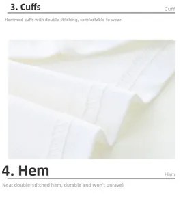 Detail view of double-stitched seams on white cotton sleeves and hem for boys' summer set
