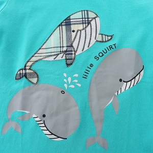 Kids cotton short sleeve set with cartoon whale print and little SQUIRT embroidery