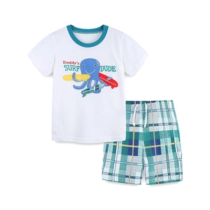 Boys summer cotton set with white octopus print T-shirt and plaid shorts in casual style