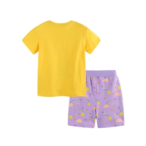 Kids summer knit cotton set with yellow short sleeve T-shirt and purple rainbow print shorts