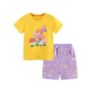 Kids summer knit cotton short sleeve yellow mushroom t-shirt and rainbow print shorts set