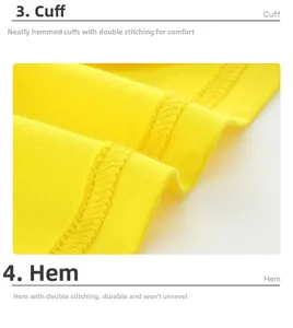 Détail d'un t-shirt jaune en coton avec doubles coutures renforcées aux manches et à l'ourlet