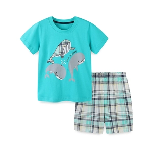 Summer boys knit cotton set featuring turquoise whale print T-shirt and plaid shorts