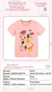 Detail view of pink girls' cotton t-shirt with colorful cartoon fruit prints and names