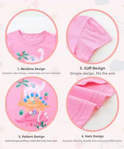Detail shots showing neckline, cuffs, and dinosaur prints on pink cotton girls' T-shirt