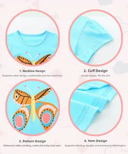 Detail of blue cotton girl T-shirt showing round neck, sleeve cuff and butterfly print
