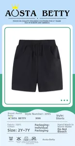Detail of black 100% cotton kids sports shorts with drawstring waist and size chart