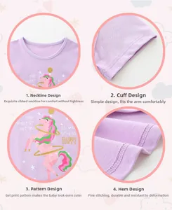 Dettaglio della maglietta viola in cotone per bambina con scollo tondo e stampa rosa