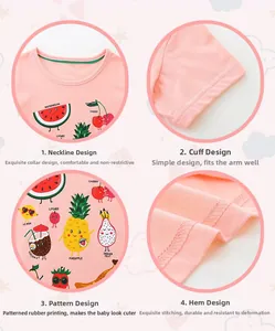 Detail view of pink cotton T-shirt featuring cartoon fruit prints and fine stitching