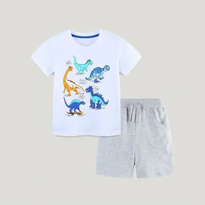 Fashion Boys Cotton Clothing Set Summer Cartoon Dinosaur Printed White Short Sleeve T-Shirt And Gray Shorts Set For Kids