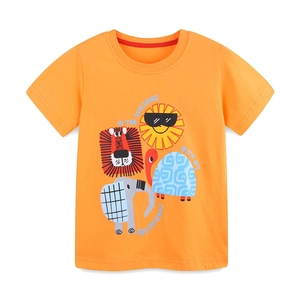 Kids orange short sleeve T-shirt with cartoon animal prints for summer casual wear