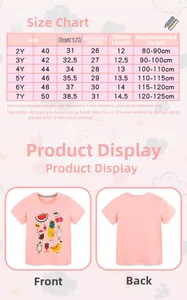 Detailed size chart for kids' pink cotton T-shirt with cartoon fruit print for girls 2-7Y
