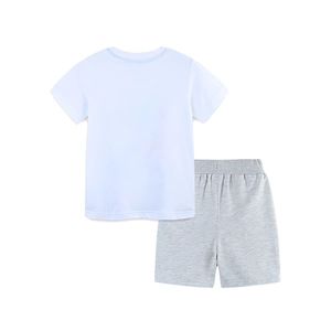Kids summer outfit set with white t-shirt and grey dinosaur print shorts on white background