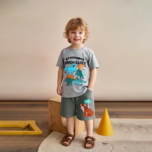 Ensemble de Vêtements d'Été pour Garçons 100% Coton T-Shirt à Manches Courtes Imprimé Dinosaure et Short Brodé Tigre