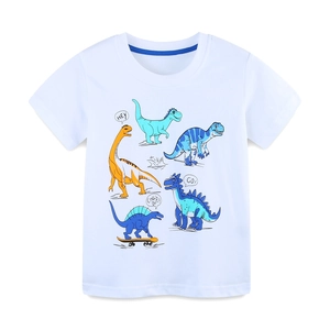 Kids white cotton T-shirt with colorful cartoon dinosaur prints and blue crew neck trim