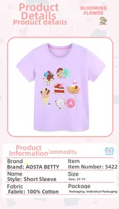 Detail view of purple cotton girl's T-shirt showing cute cartoon dessert prints and 100% cotton