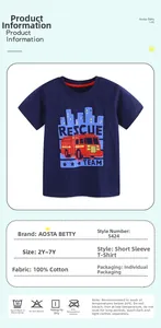 Detail view of cotton boy's navy t-shirt featuring rescue team fire truck print and size chart