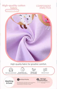 Close-up of soft purple 100% cotton fabric with sweet cartoon donut print and knit texture