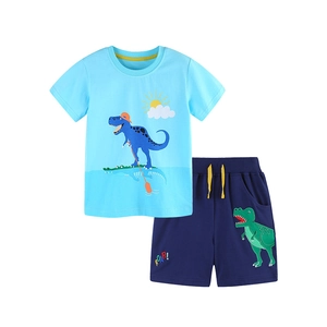 Ensemble d'été pour enfants avec t-shirt et short en coton bleu imprimé dinosaure