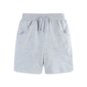 Kids grey cotton sports shorts featuring elastic drawstring waist and side pockets
